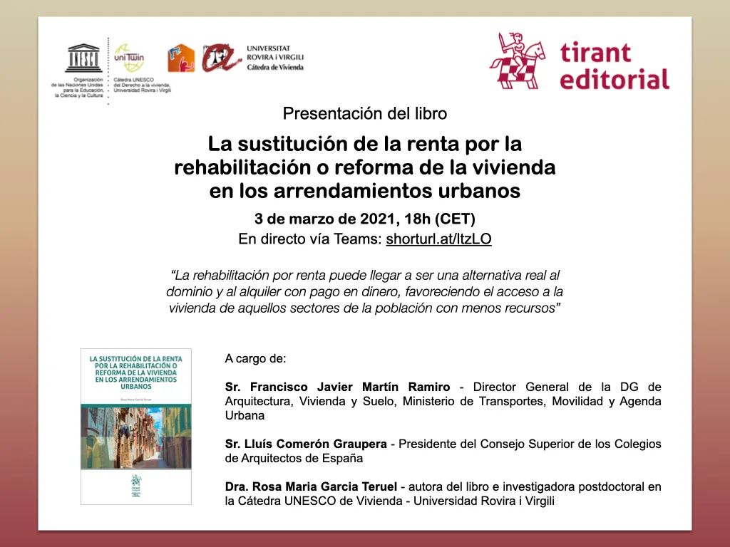 Presentación del libro “La sustitución de la renta por la rehabilitación o reforma de la vivienda”